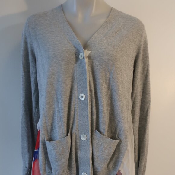 Women Sacai White Multicolor Floral Mixed Media Knit V-Neck Cardigan Sweater L - Picture 6 of 14